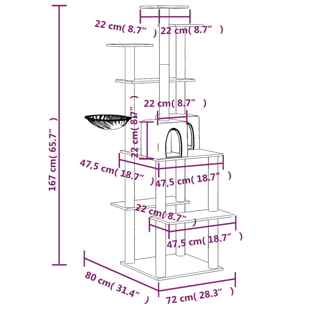 Kissan kiipeilypuu sisal- raapimispylväillä tummanharmaa 167 cm - Hilman kauppa