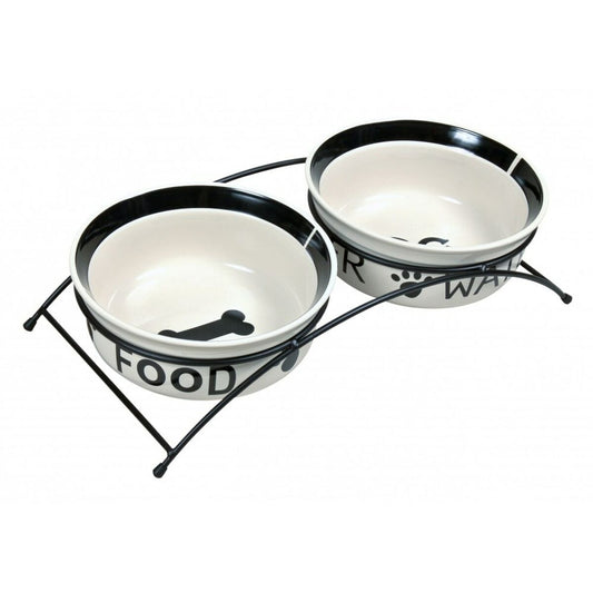 Pet feeding dish Trixie Double Bowl White Black Ceramic 0,6 L - Hilman kauppa